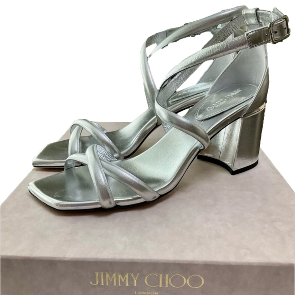 NWT Jimmy Choo Luxury Women's Rheea Silver Block Heel Sandals Dust Bag